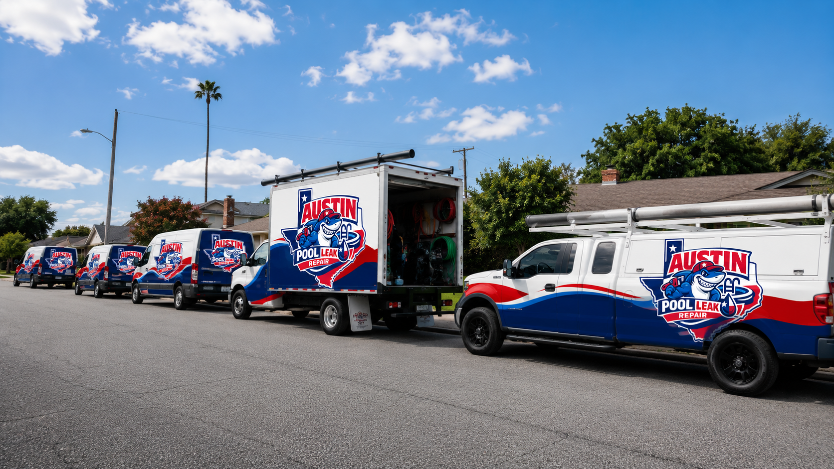 Austin Pool Leak Repair service trucks ready for local pool leak calls