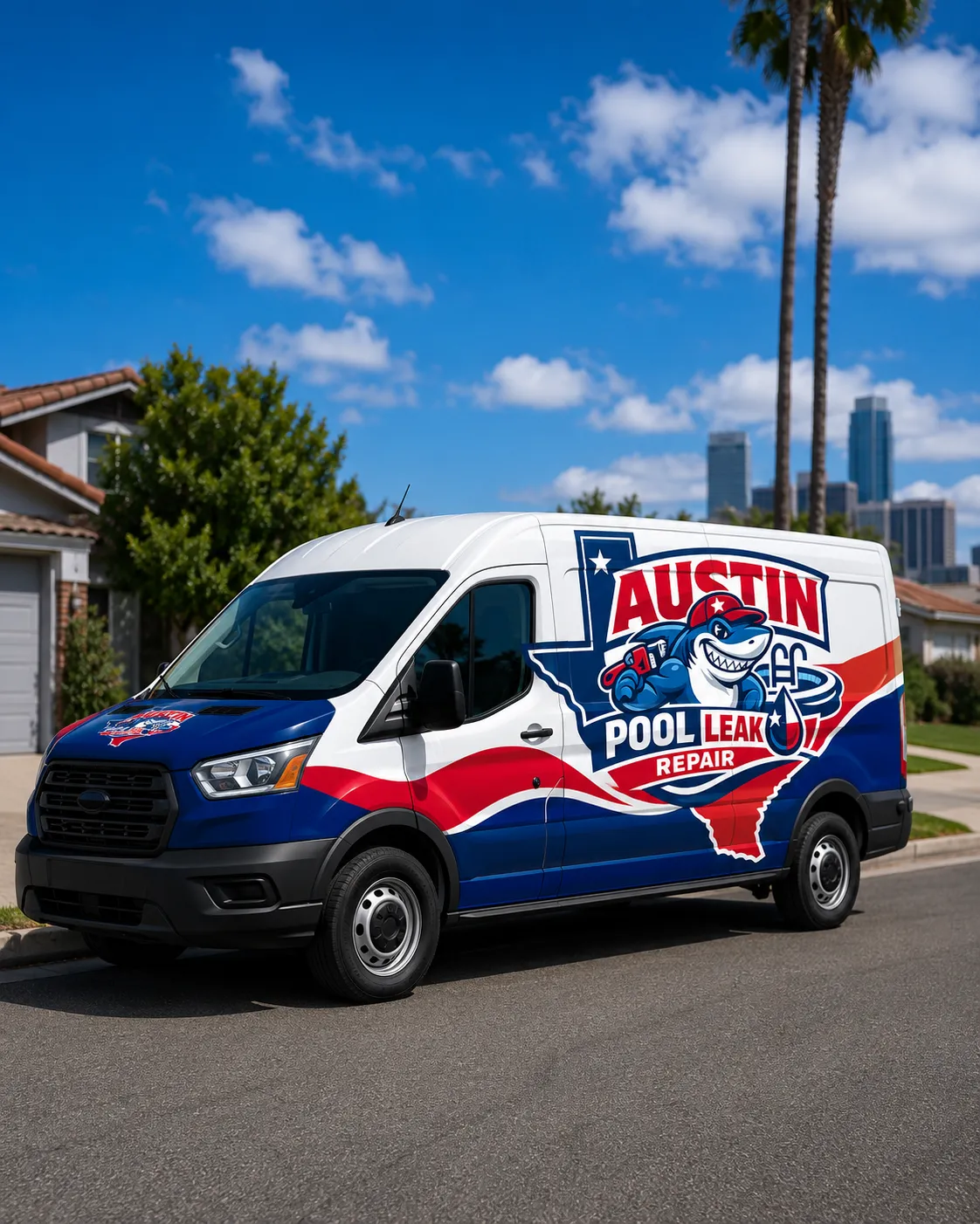 Austin Pool Leak Repair service van arriving for a pool leak detection visit